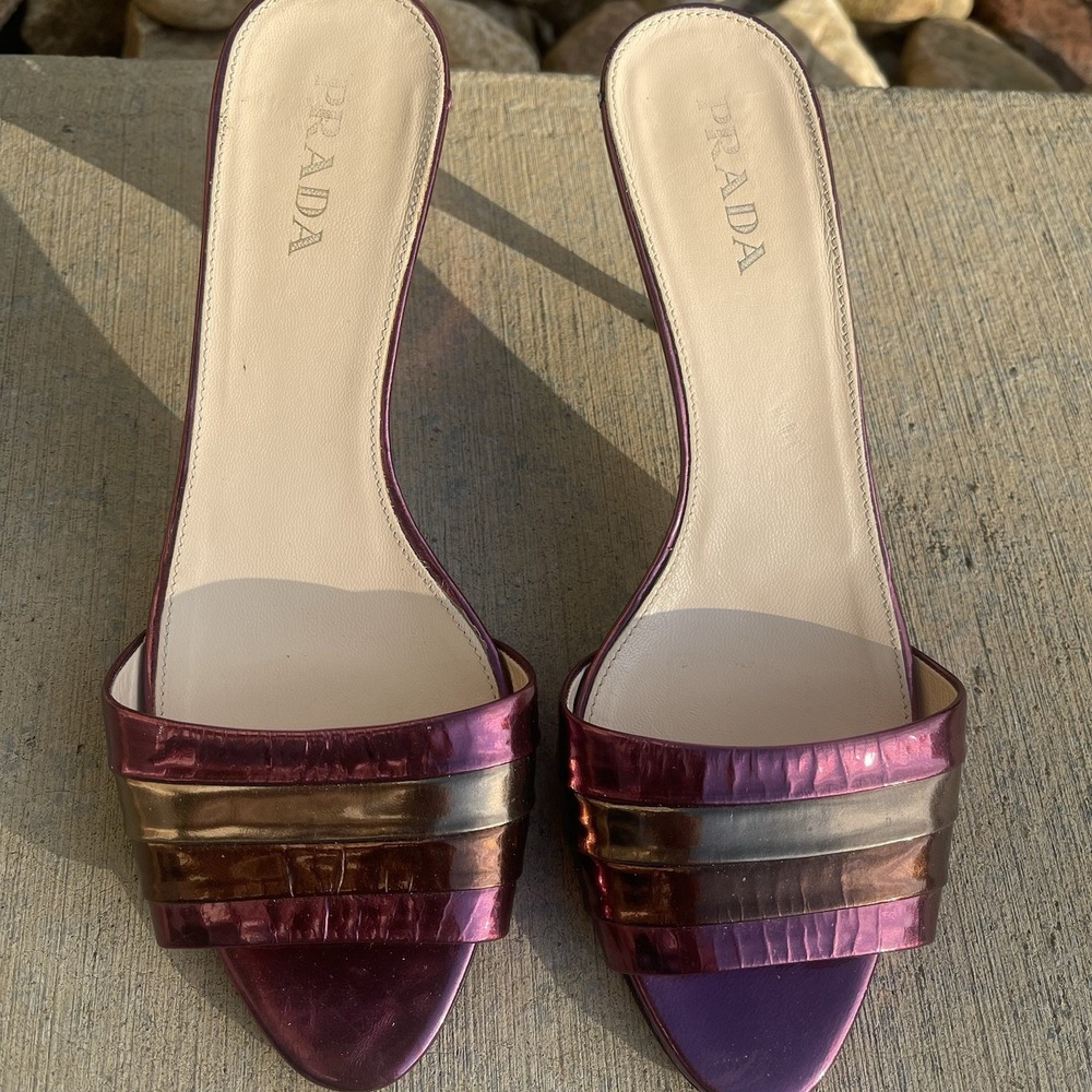 Prada Milano Slide Sandals Metallic Pink Gold Leather Open Toe Heel EU 38 US 7.5 - Picture 3 of 9